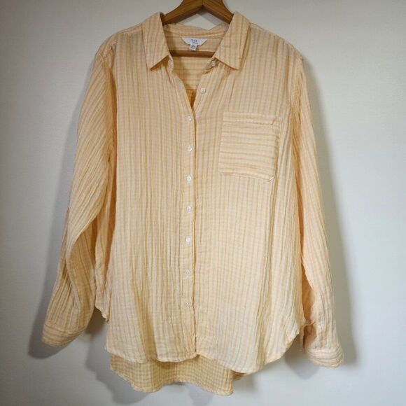 EUC TIME AND TRU YELLOW WHITE STRIPED COTTON BUTTON DOWN LONGSLEEVE SHIRT XL WMN - Picture 1 of 13